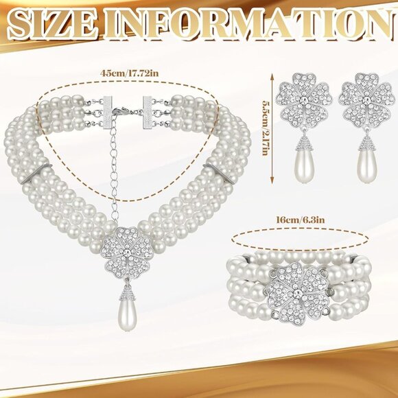 3 Pcs Pearl Jewelry Set Vintage Flapper Earrings Necklace Bracelet Women - Picture 4 of 5